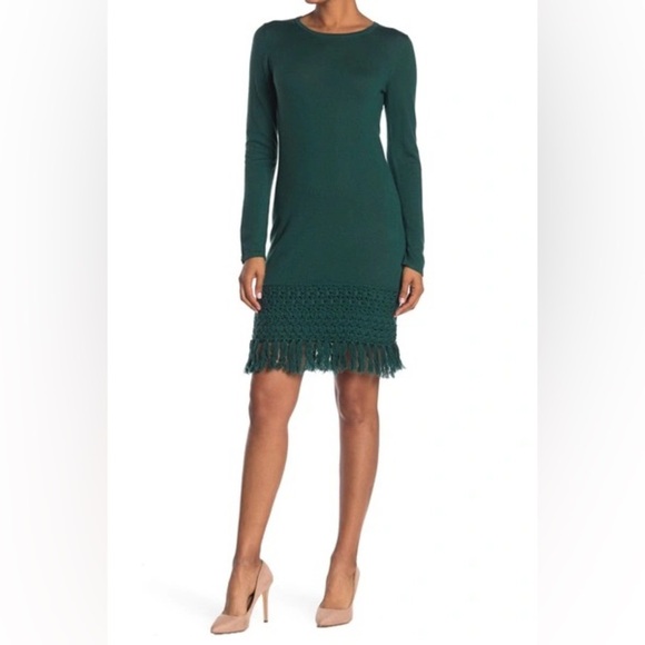 Trina Turk Over Ice Tassel Hem Merino Wool Sweater Dress in Bottle Green. Size M - Picture 3 of 15